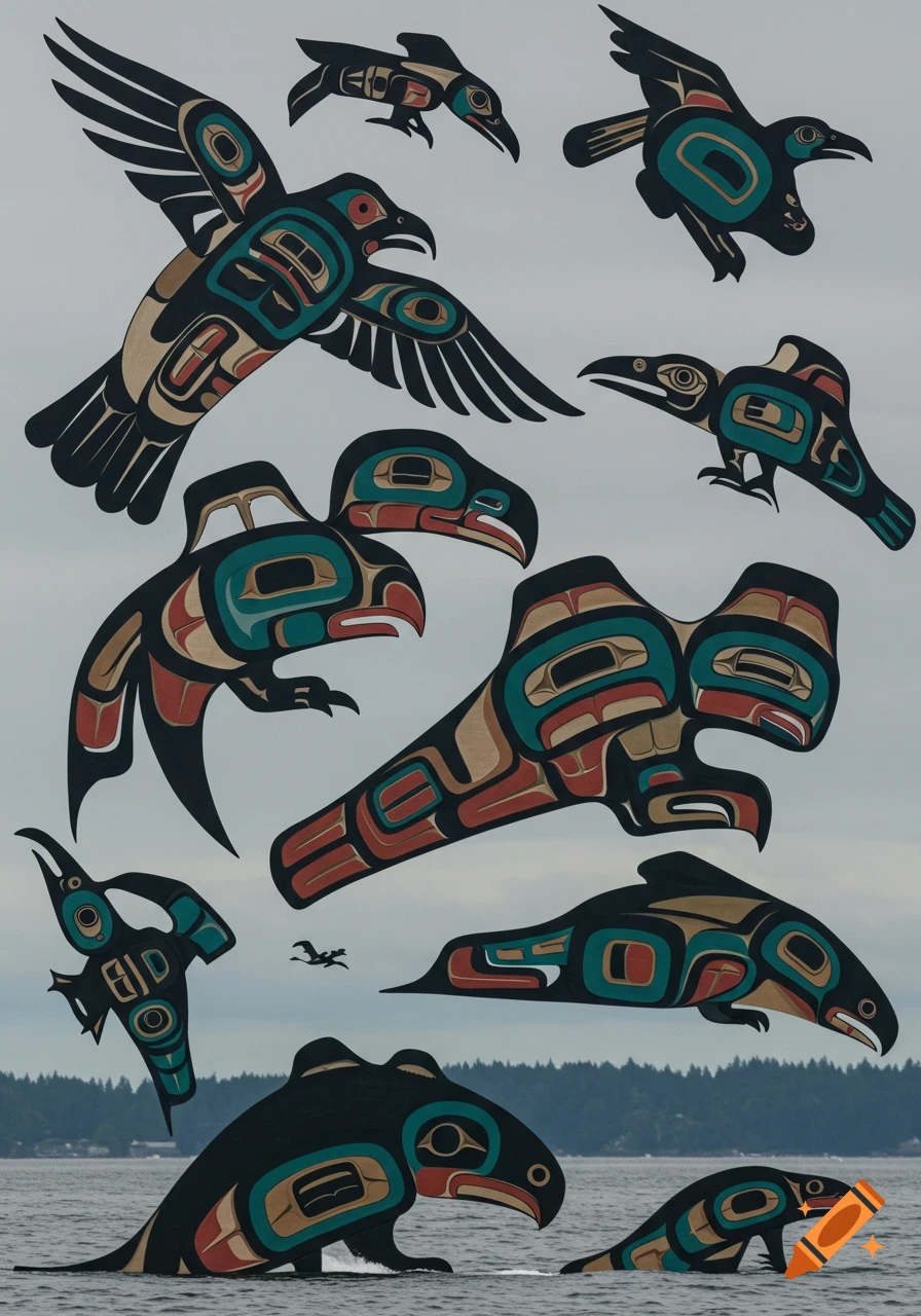 Stylized Native American Salish art of various birds, fish, and marine animals against a cloudy sky and ocean.