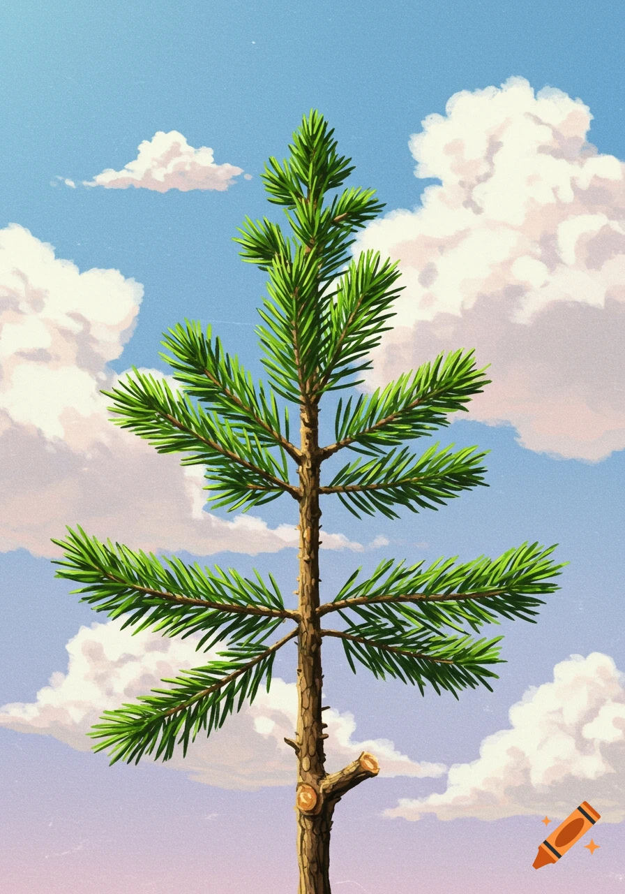 A stylized illustration of a pine tree trunk with green branches, set against a blue sky with white clouds. The trunk shows freshly cut branch stumps.