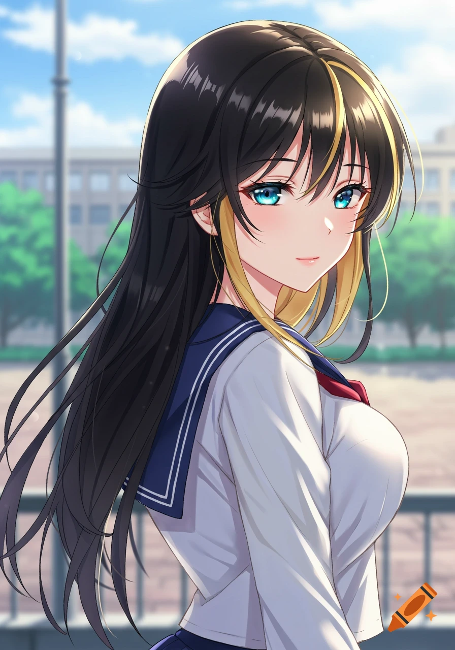 Anime-style portrait of a teenage girl with long black hair, blonde streaks, and blue eyes, wearing a school uniform.