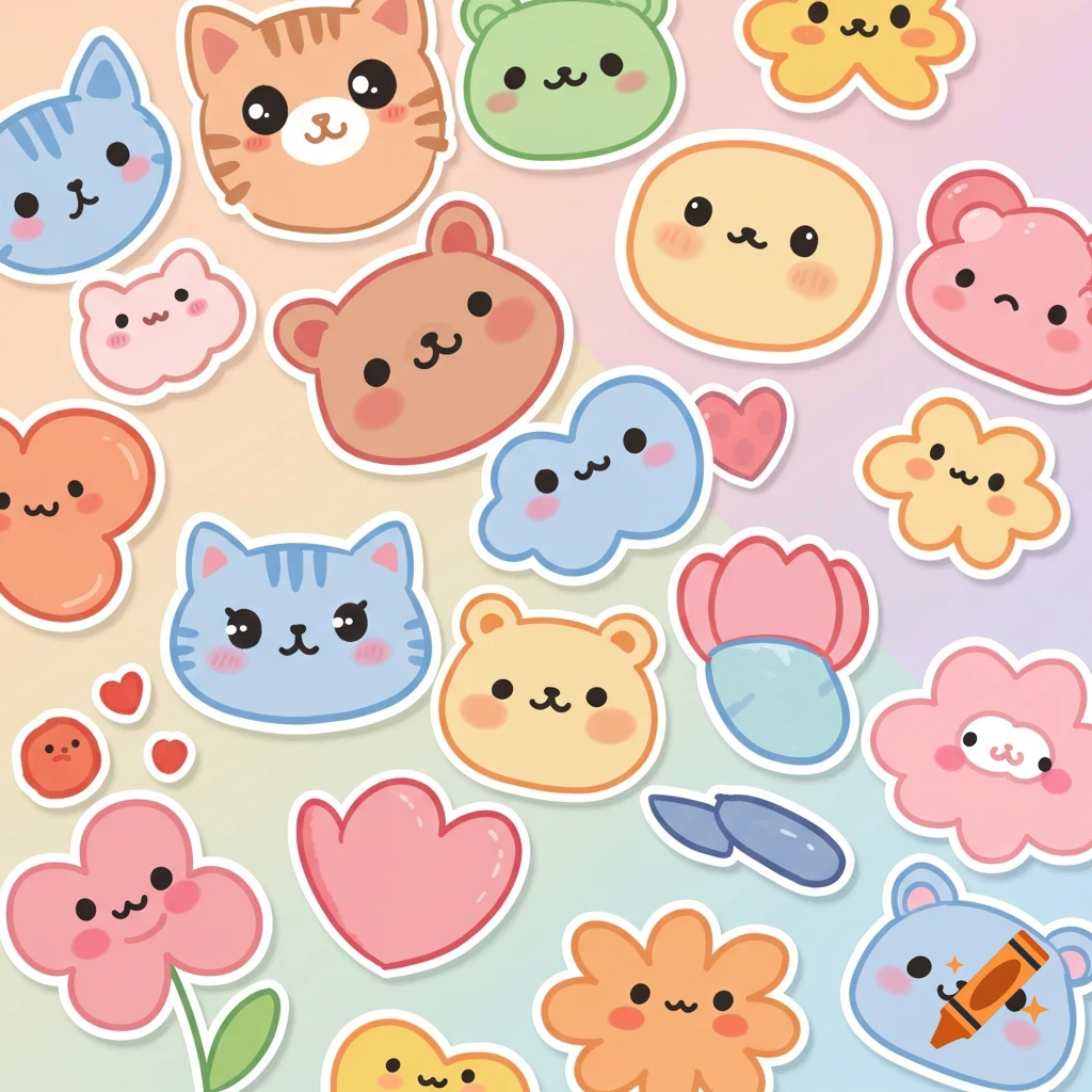 A colorful collection of cute, cartoon animal and plant stickers with white outlines on a gradient background.