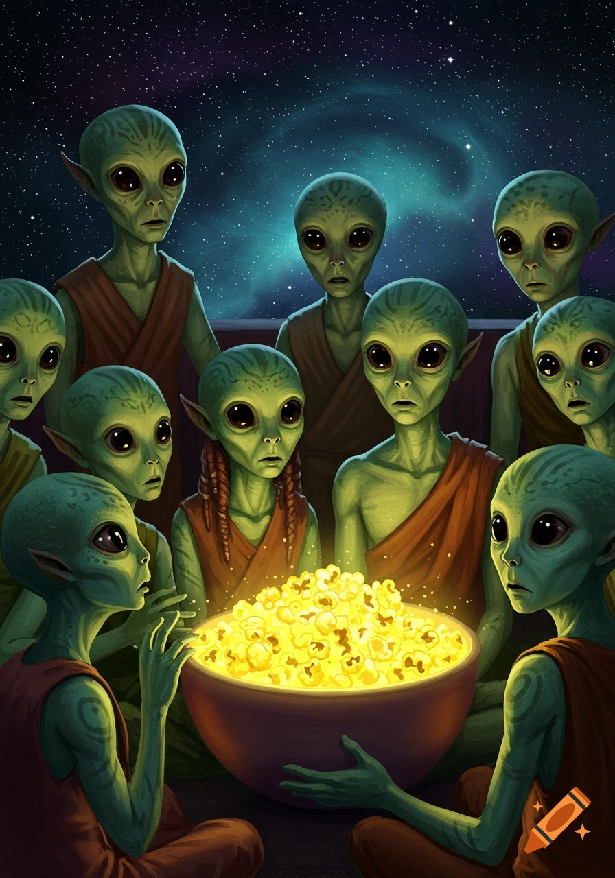 Green-skinned humanoid aliens with large eyes gathered around a glowing bowl of popcorn under a starry night sky.