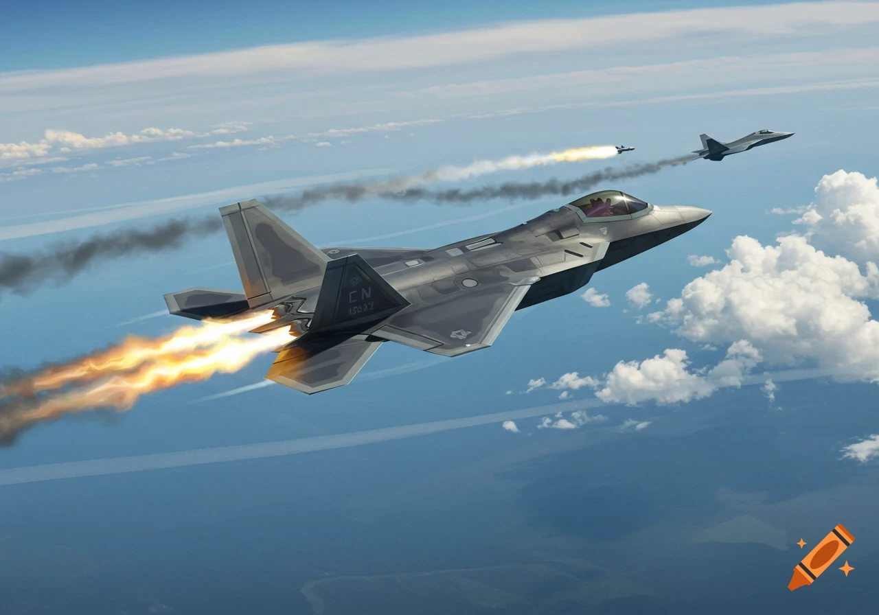 An F-22 fighter jet flies through a blue sky with clouds, its engines blazing, while a smaller jet with a fiery trail is in the distance, alongside another distant fighter jet.