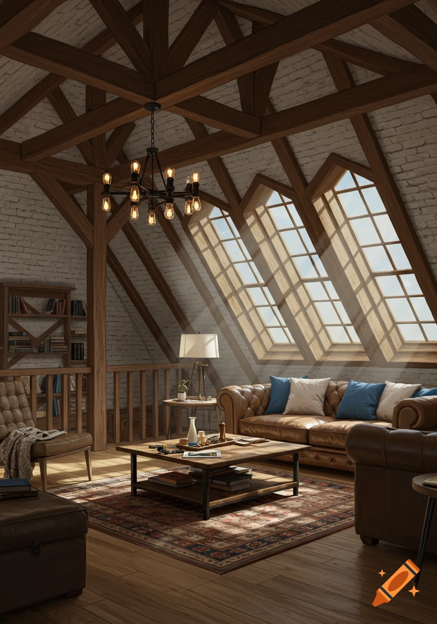 A cozy attic living room with wooden beams, large windows, a leather couch, and a chandelier, bathed in sunlight.