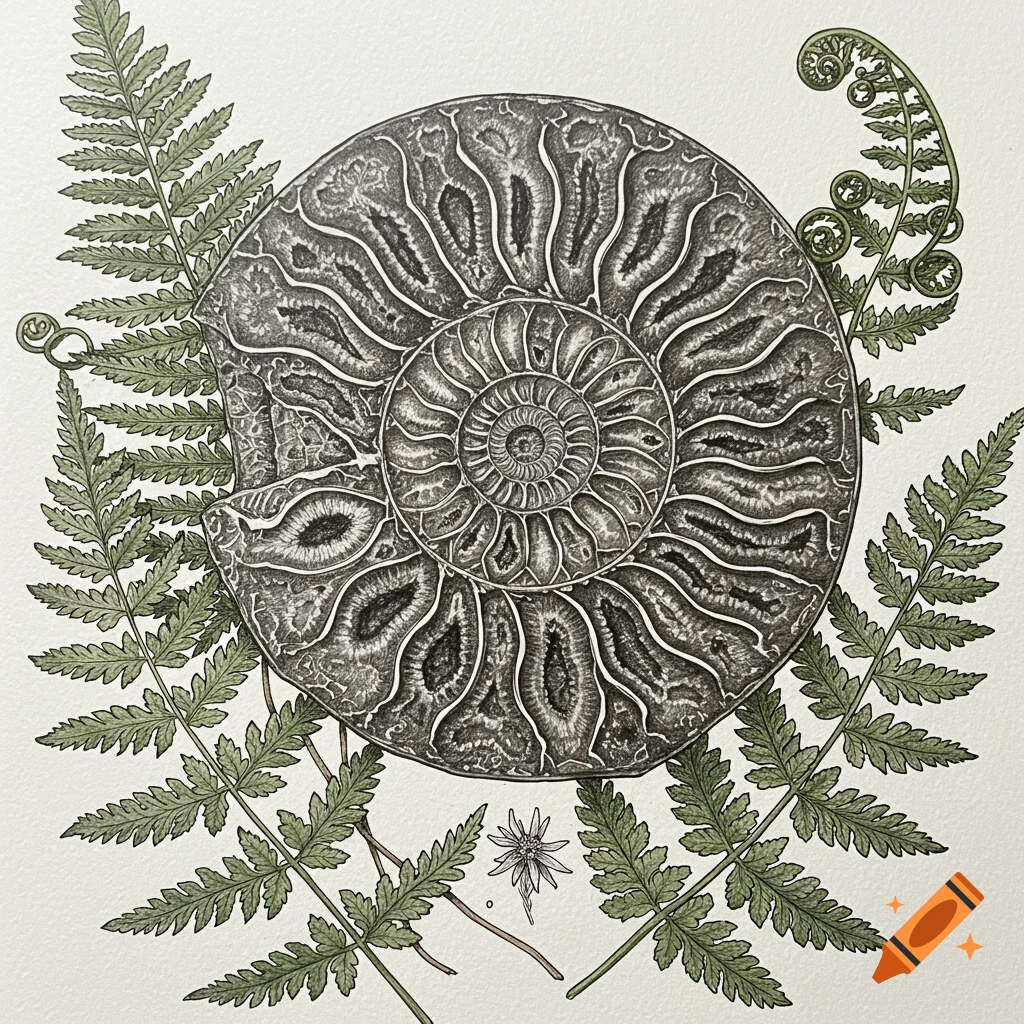 Botanical drawing of a detailed ammonite fossil surrounded by green ferns on a white background.