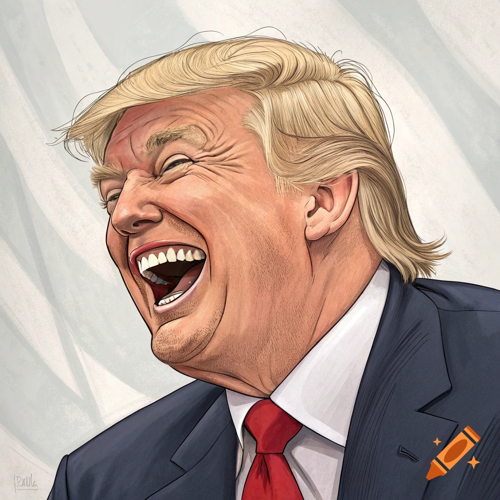 Caricature of Donald Trump laughing heartily, wearing a suit and red tie.