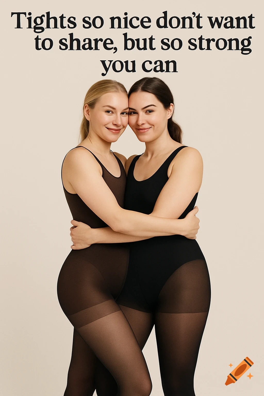 Two smiling women in bodysuits and dark tights hug against a plain background, with ad text above.