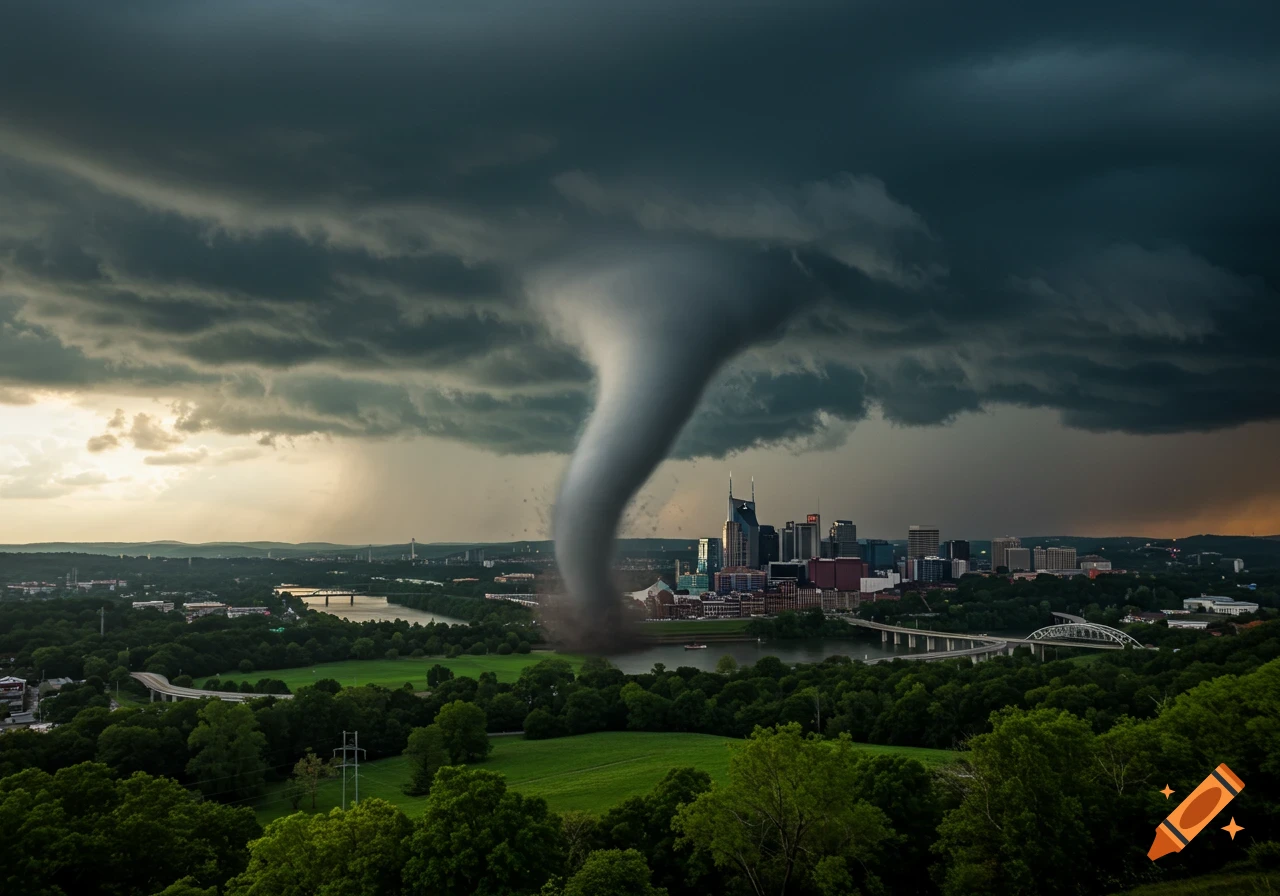 A large, photorealistic tornado descends over the Nashville city skyline under dark, ominous storm clouds.