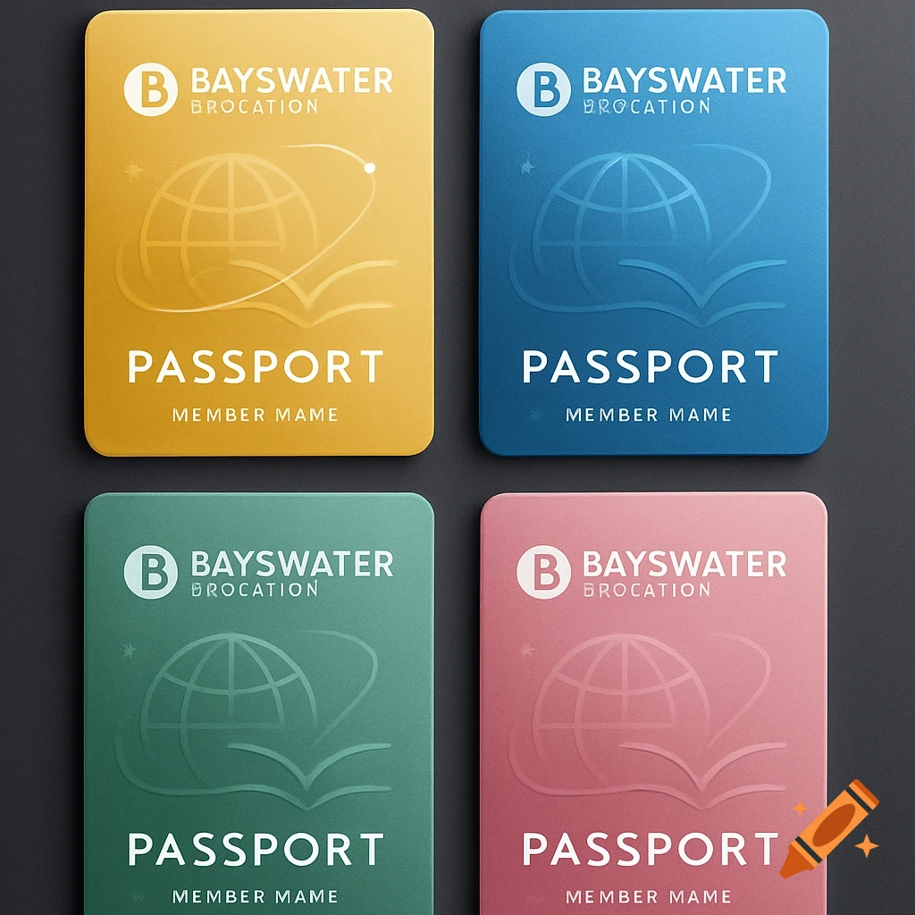 Four modern, sleek digital loyalty cards in yellow, blue, green, and pink, branded 'Bayswater Passport' with a globe logo.