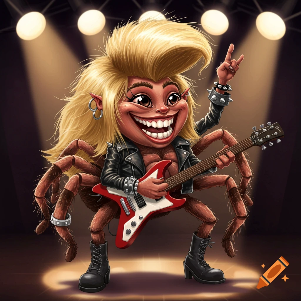 A cartoon tarantula rock star with blonde hair, a leather jacket, and boots, playing a red electric guitar on stage.