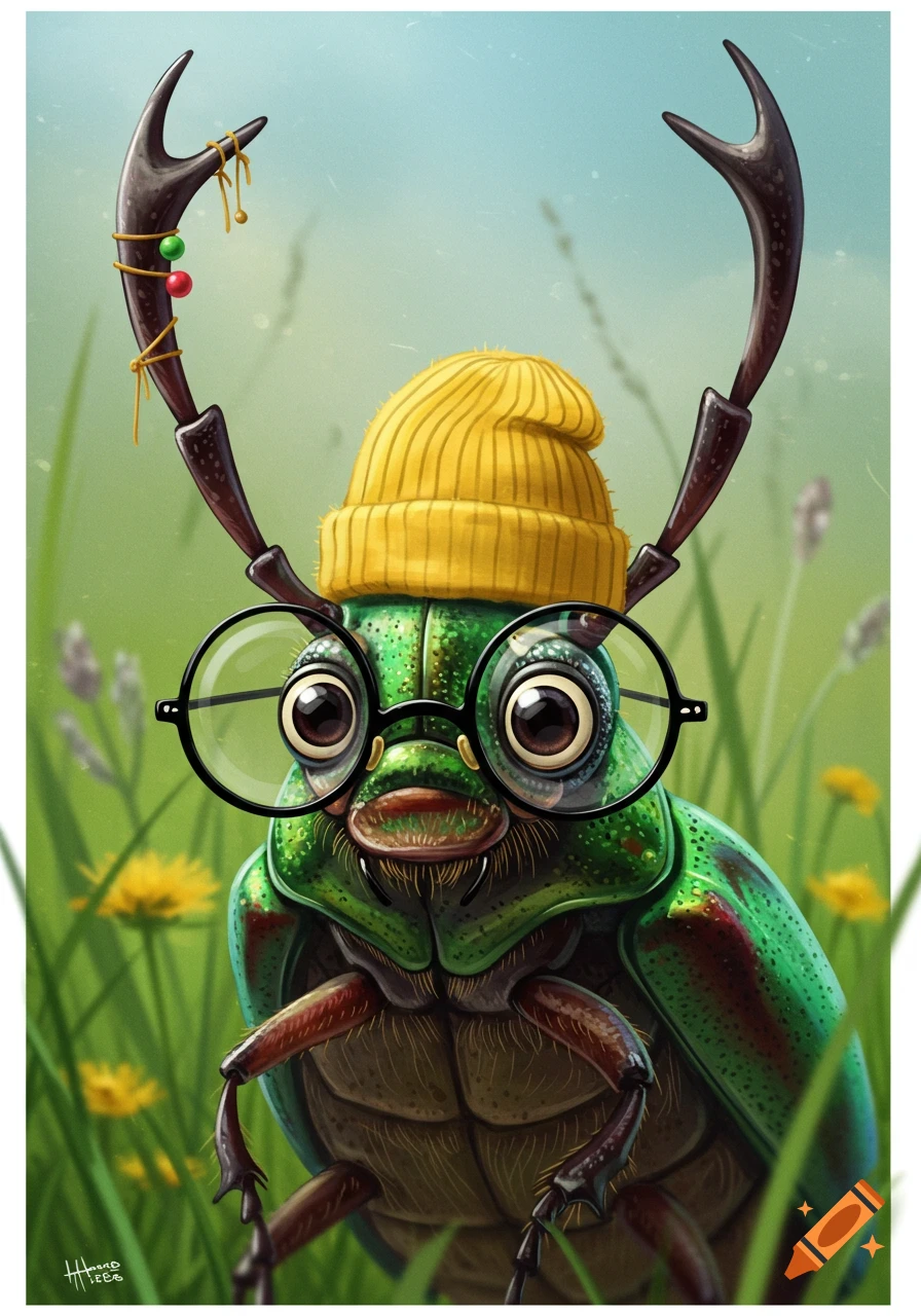 A cartoon illustration of a green beetle wearing a yellow beanie and black glasses, standing in a grassy field with yellow flowers.
