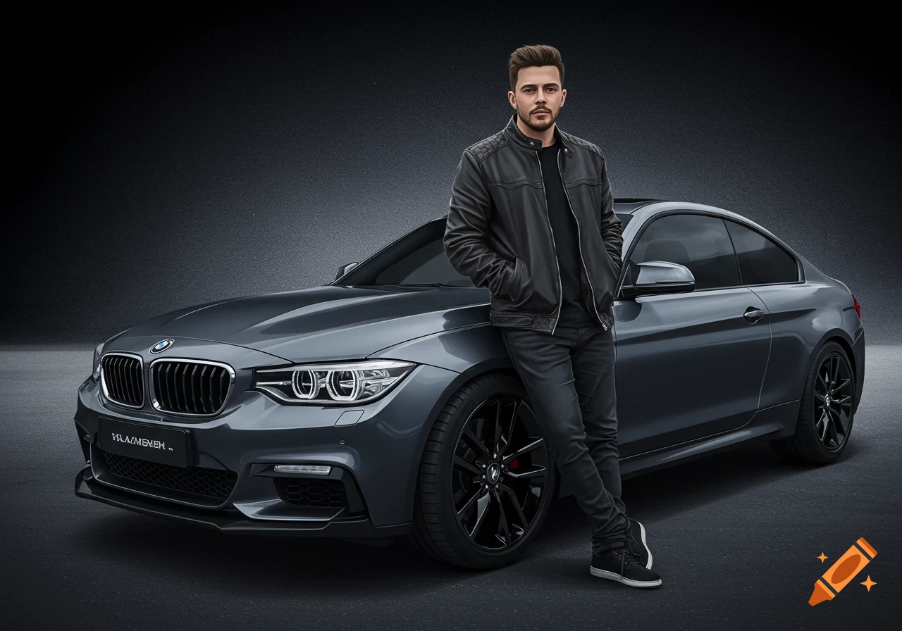 A man in a black leather jacket and jeans poses next to a dark gray BMW coupe in a studio setting.
