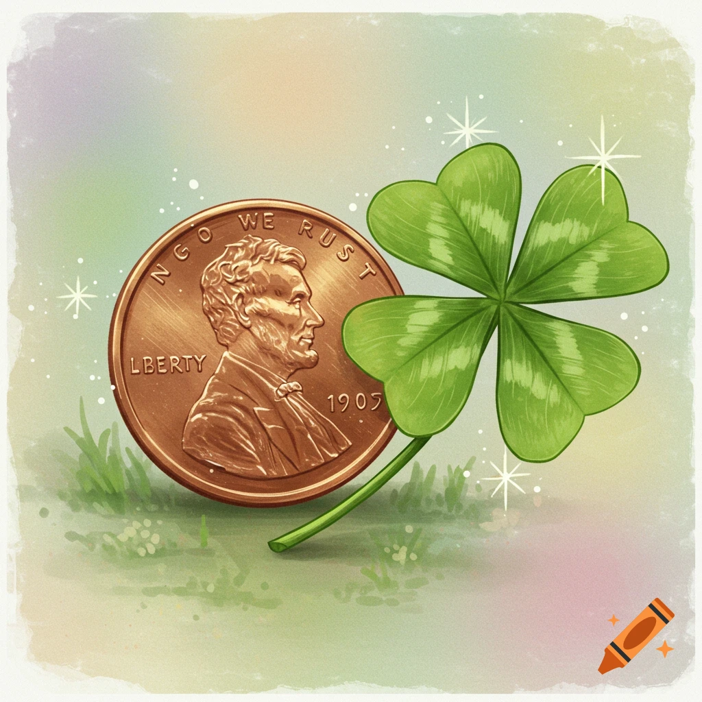 An illustrated close-up of a shiny copper penny next to a vibrant green four-leaf clover, on a soft, grassy background with sparkles.