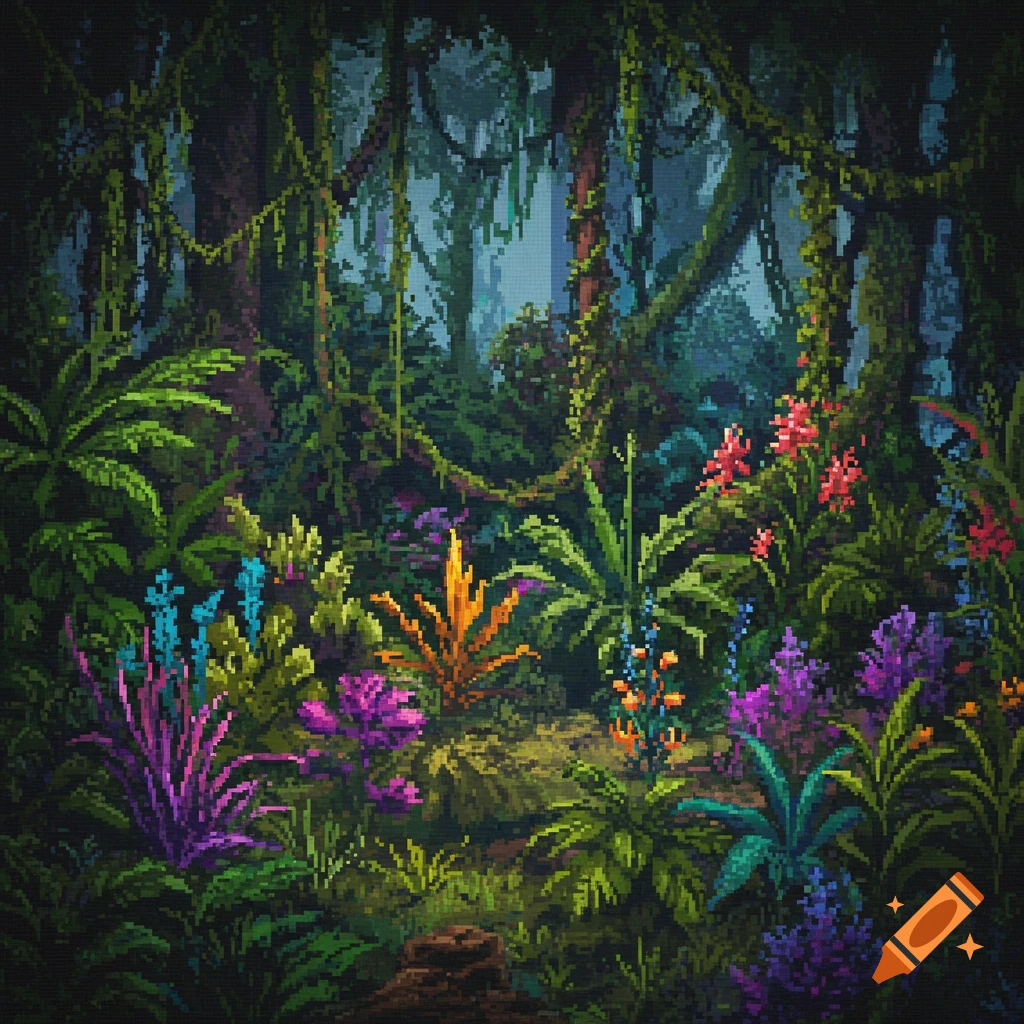 A vibrant pixel art jungle scene with dense foliage, vines, and colorful exotic plants in blue, purple, orange, and red.