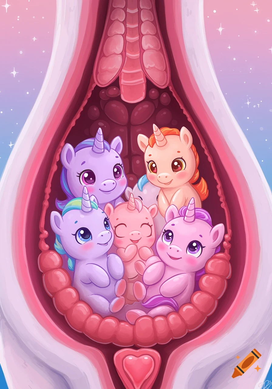 A colorful illustration of five cute, stylized unicorn babies nestled inside a pink, womb-like structure with a heart shape at the bottom.