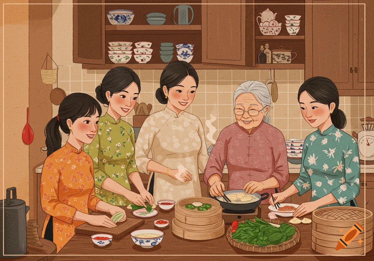 An illustration of five Vietnamese women, young and old, in a kitchen preparing food.