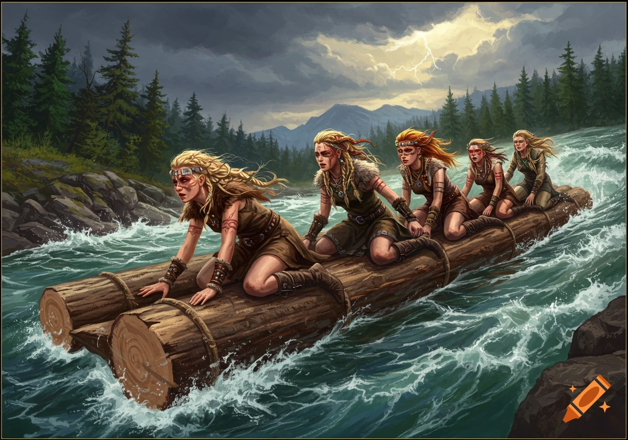 Four Nordic tribal women navigate a raging river on a log raft under a stormy sky with lightning, in an oil painting style.