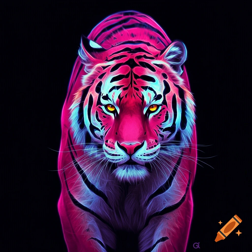 A vibrant neon pink and blue tiger with glowing yellow eyes stares directly forward against a black background.