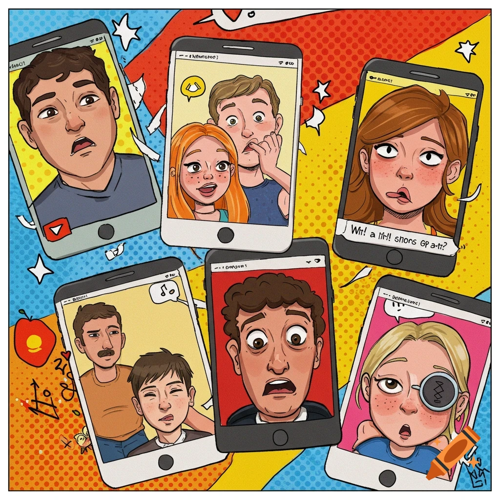 Cartoon illustration of multiple characters with various expressions in smartphone screens, resembling a pop art style group chat.