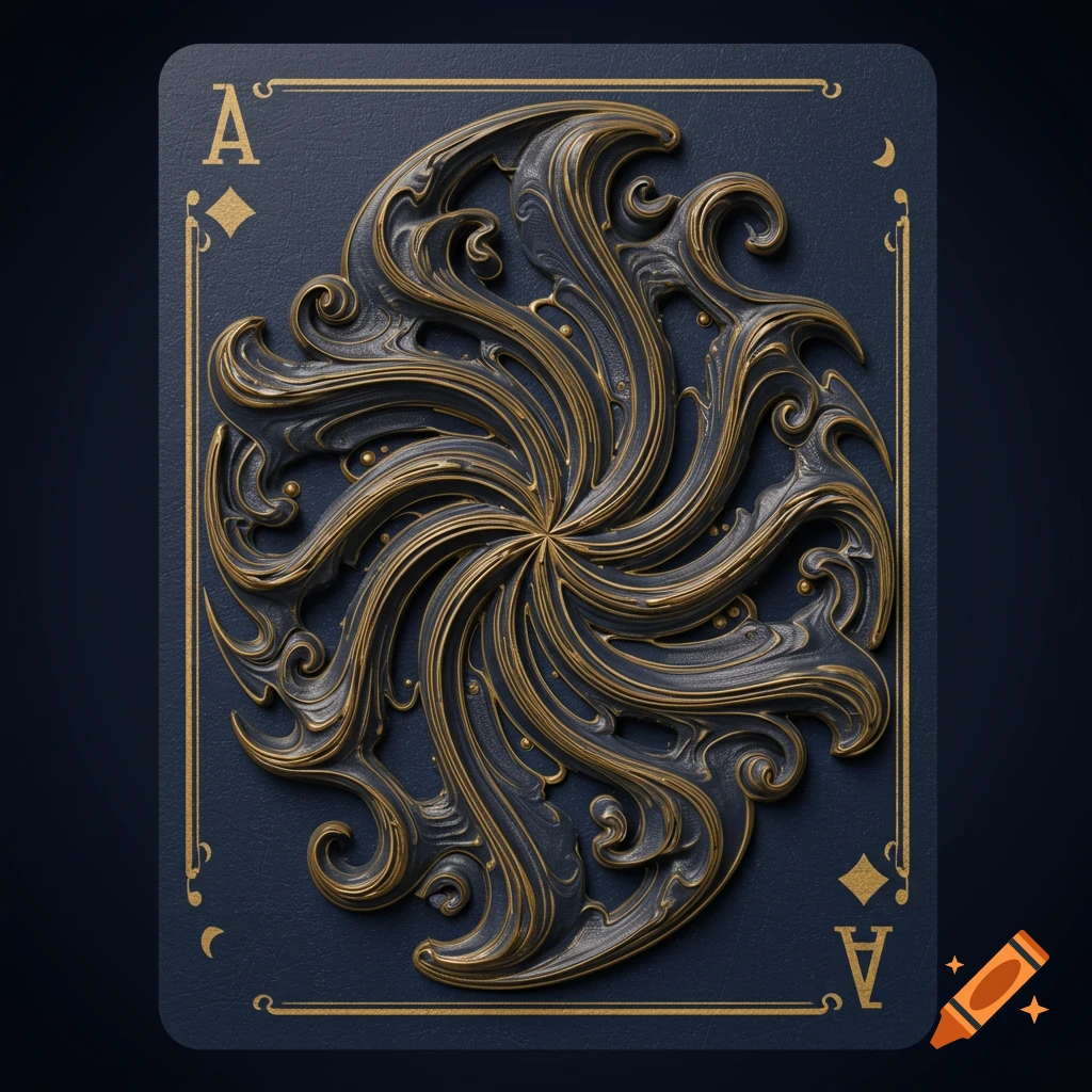 An ornate 3D playing card back in dark blue and gold with elaborate swirling patterns and an Ace of Diamonds symbol.