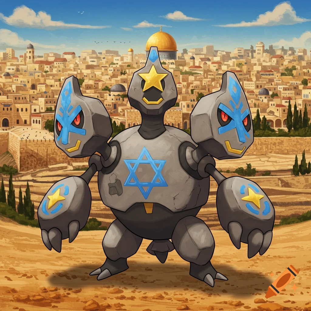 A Pokémon-like creature with a Star of David on its chest stands in a desert landscape with an ancient city and golden-domed building.