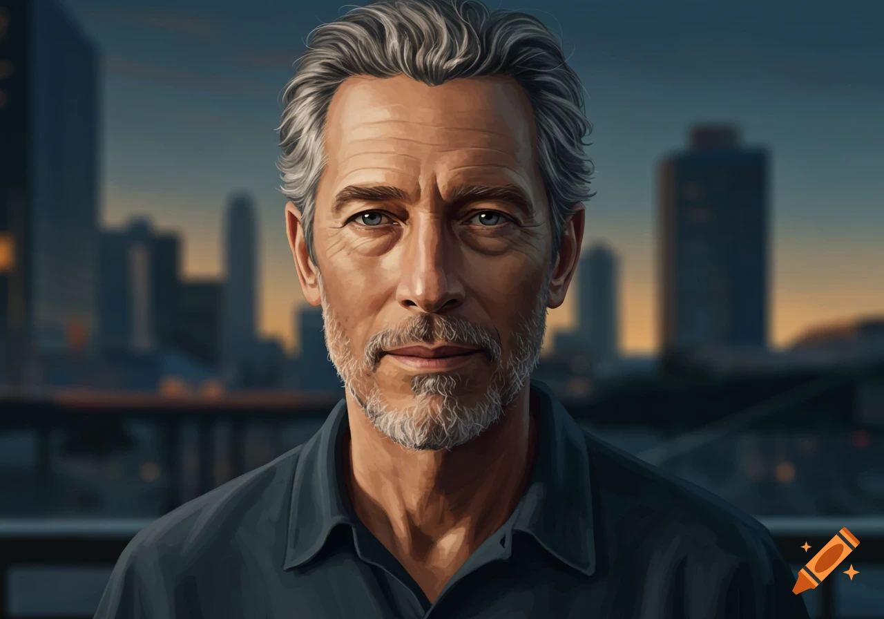 Stylized portrait of a distinguished man with gray hair and beard against a blurred city skyline at dusk.