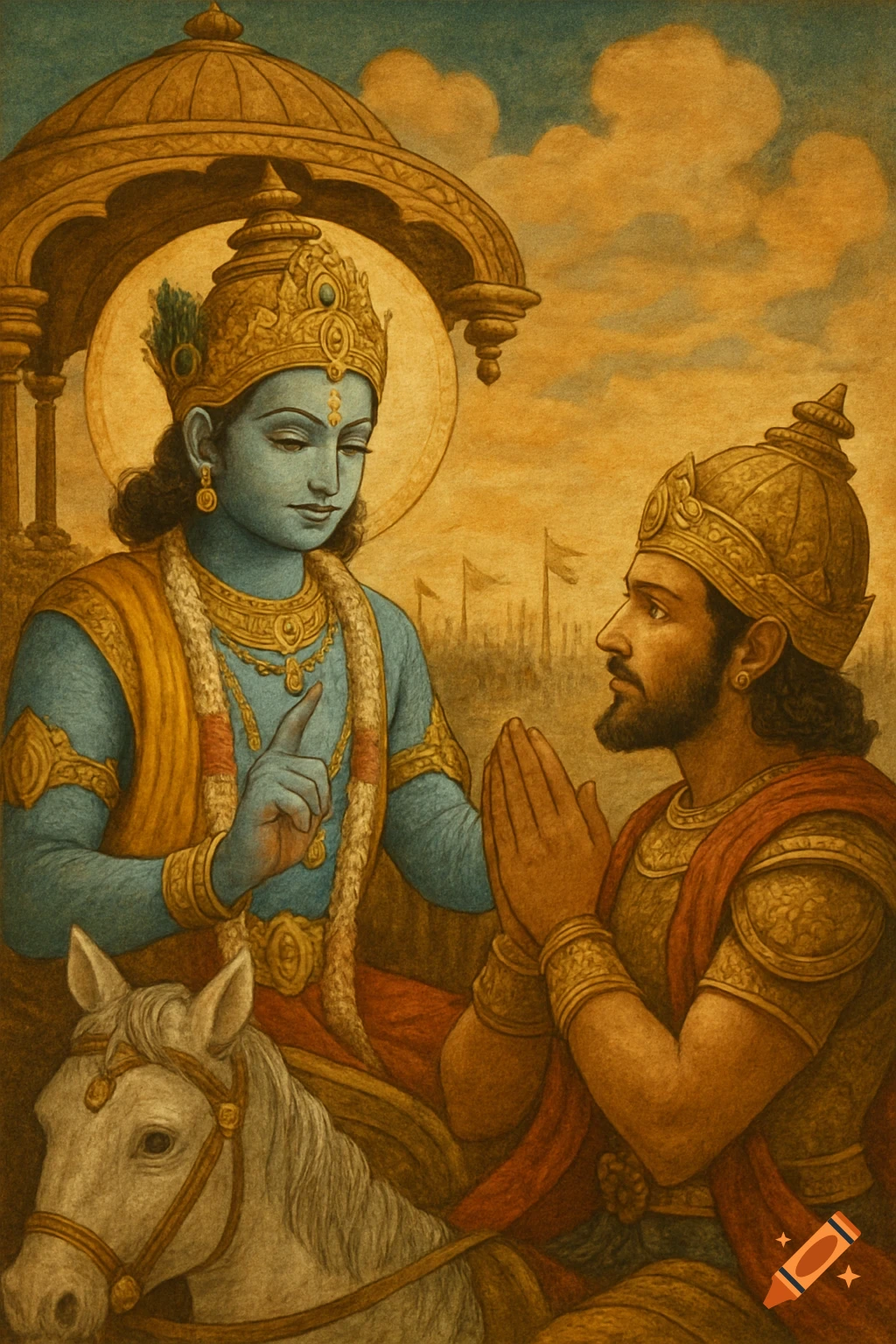 A traditional art depiction of a blue-skinned deity on a horse and another figure with hands clasped.