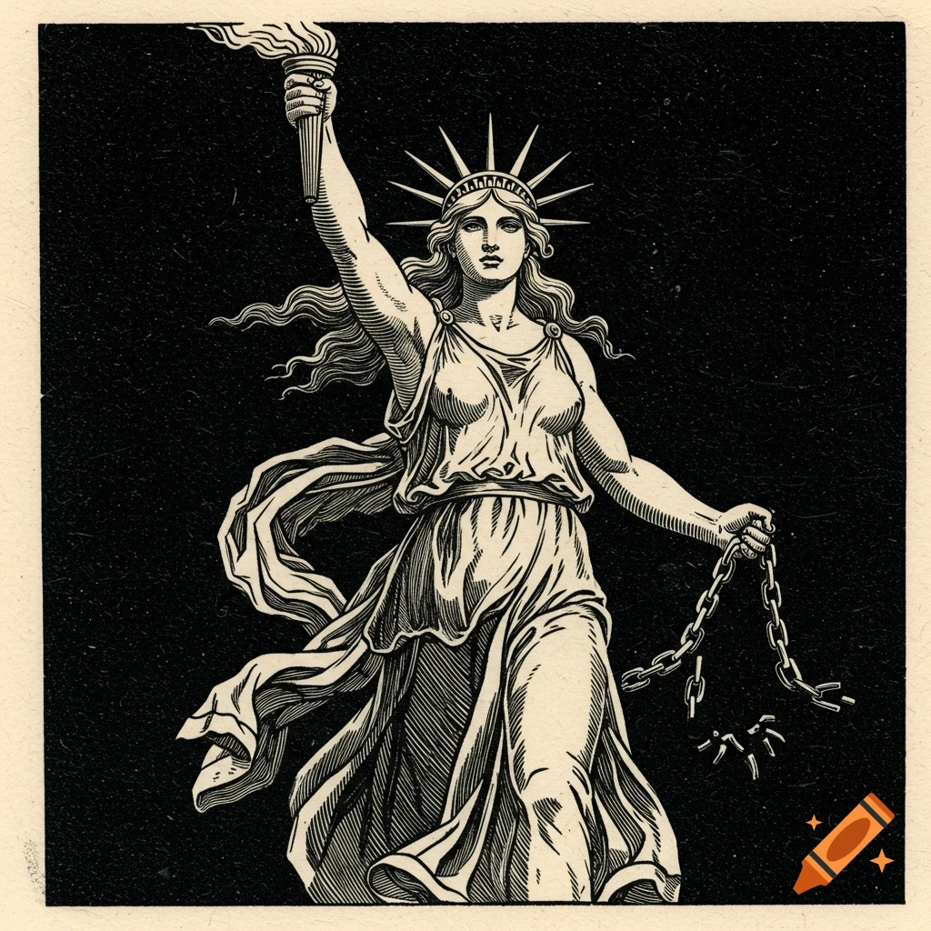 Monochrome woodcut of a classical robed female figure, personifying liberty, holding a torch and broken chains.