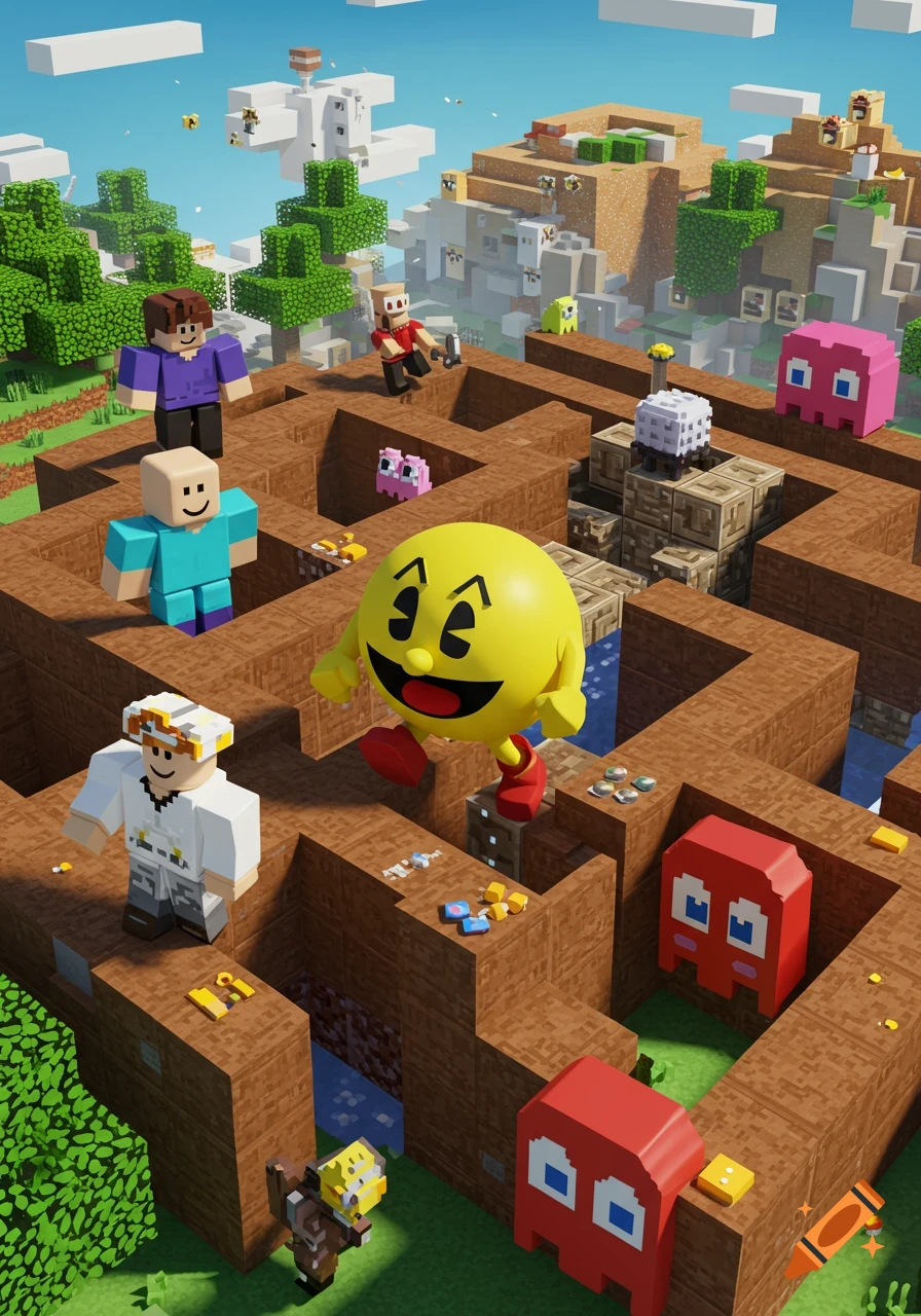 Pac-Man and Minecraft and Roblox characters navigate a blocky maze in a bright, sunny landscape.