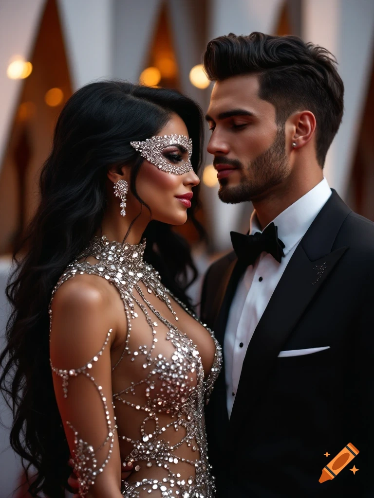 A glamorous couple on a red carpet. The woman wears a sparkling mask and a revealing, jeweled gown, looking towards a handsome man in a black tuxedo.