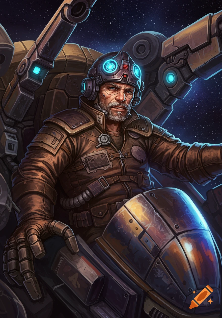 A detailed illustration of a grizzled sci-fi mech pilot with a beard and a glowing helmet in a large mech cockpit.