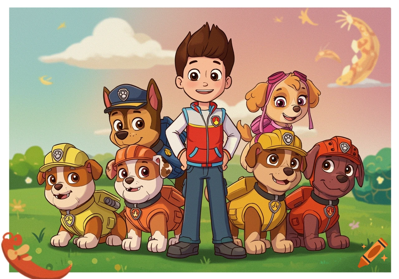 Ryder, a boy, stands with six Paw Patrol puppies, including Chase and Skye, in a cartoon grassy landscape.