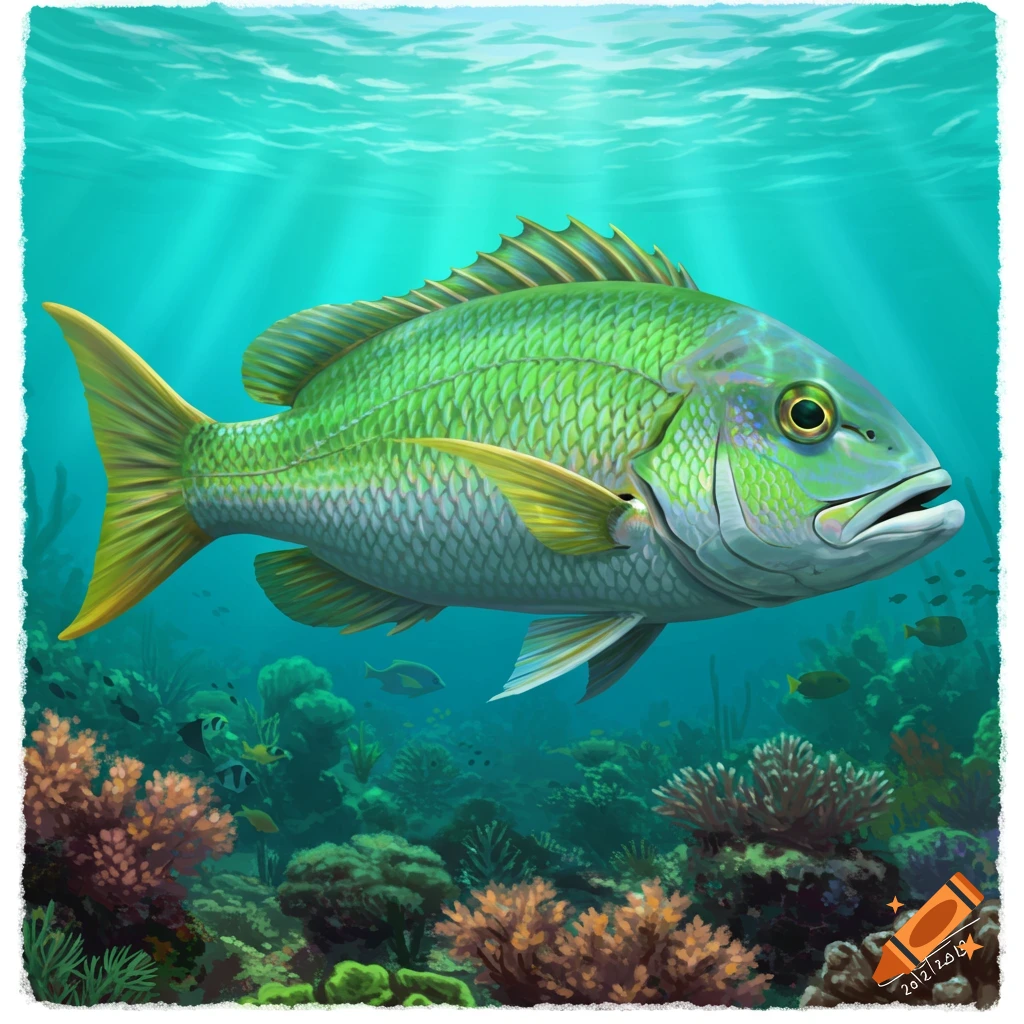 An illustrated green and blue snapper fish swims in a vibrant coral reef with sunlight filtering from above.