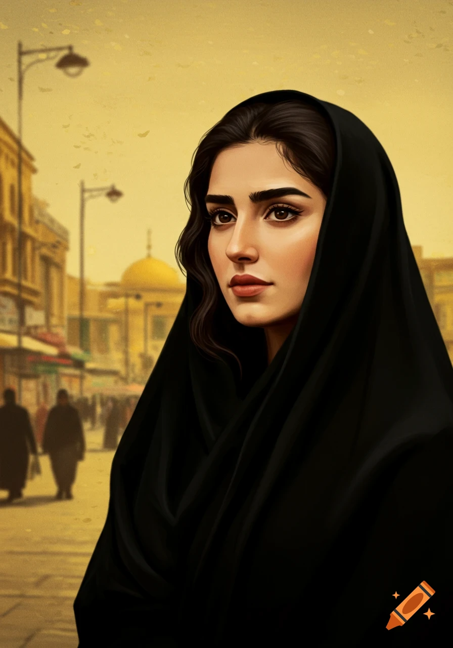 Digital portrait of a young woman in a black chador on a warm-toned city street with blurry figures.
