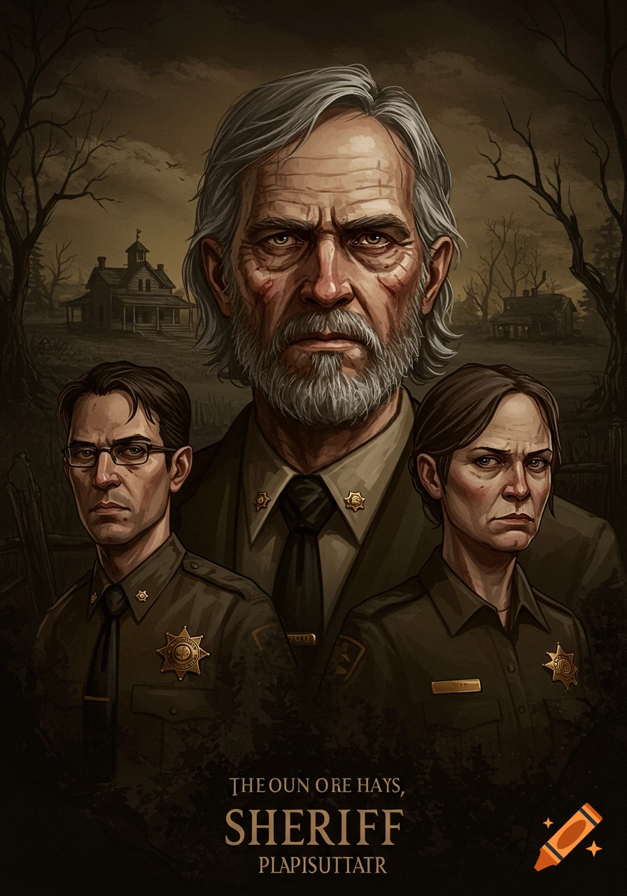 Dark, stylized portrait of a stern, gray-haired sheriff and two deputies in uniform, set against a gloomy rural landscape with old houses.