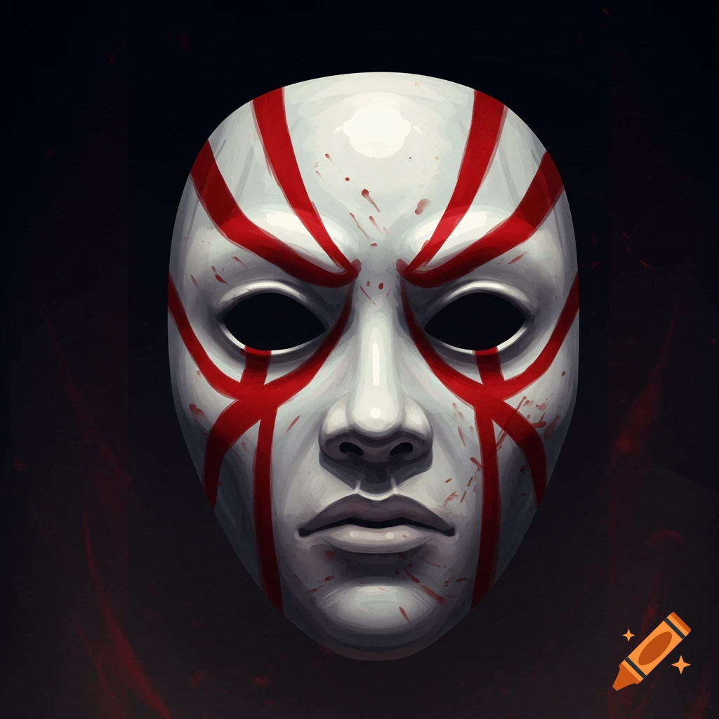 A white porcelain mask with red battle stripes and blood splatters against a dark background.