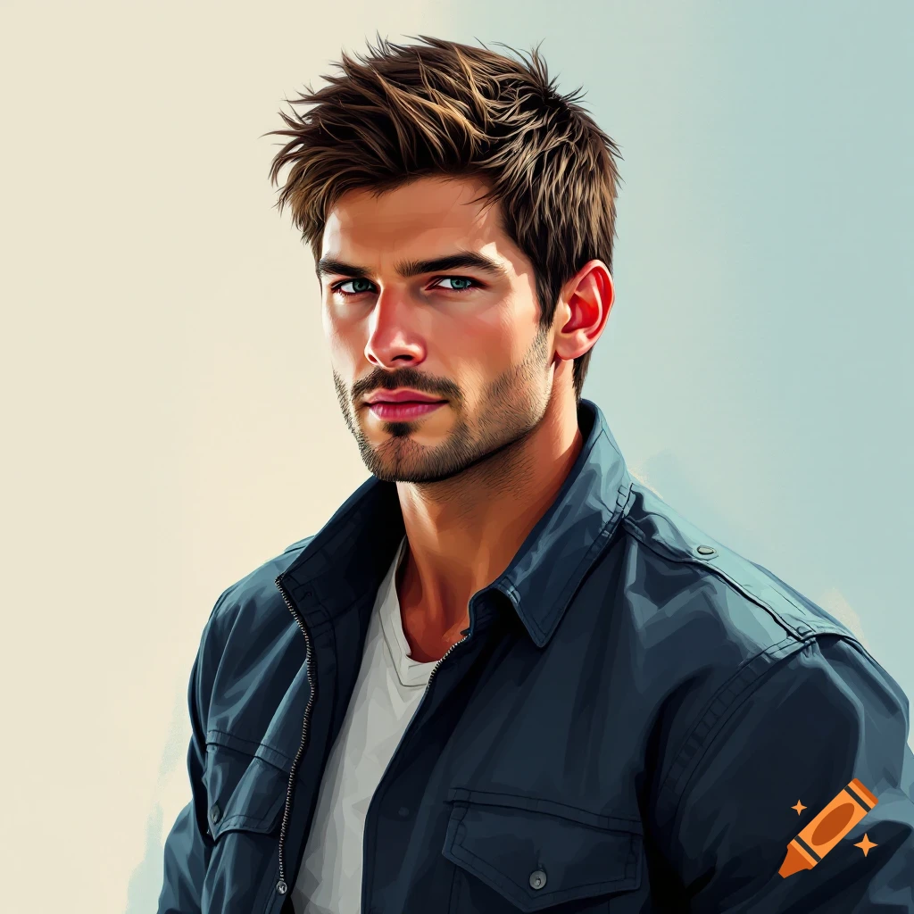 A close-up portrait of a young man with dark messy hair, a beard, and blue eyes, wearing a dark jacket over a white t-shirt. Stylized illustration.