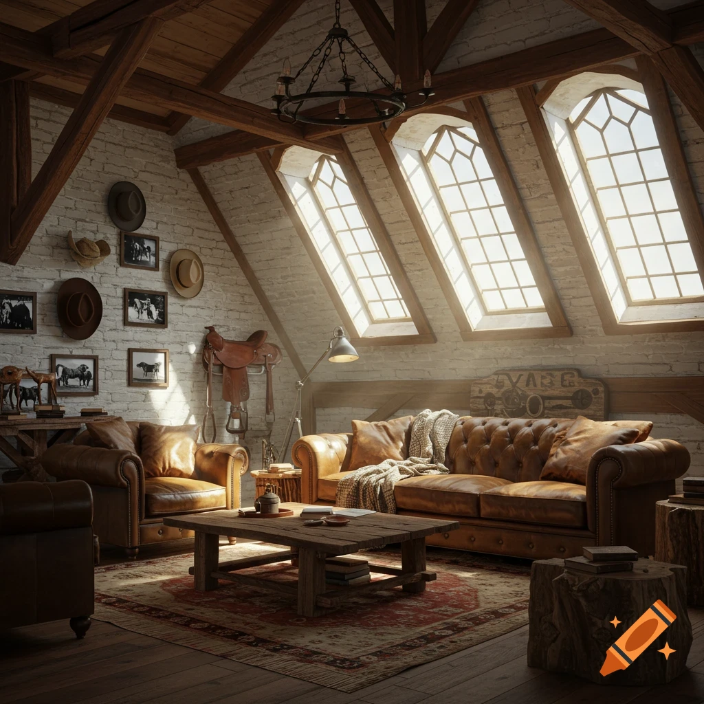 A sunlit, rustic western-style attic living room with leather sofas, a wooden coffee table, large windows, and cowboy hats on a brick wall.
