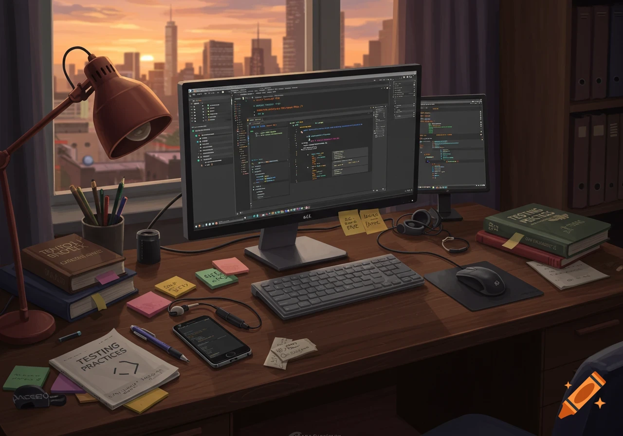 A detailed illustration of a QA engineer's desk at sunset, featuring dual monitors displaying code, books titled 'Testing Practices', a keyboard, mouse, smartphone, and sticky notes.