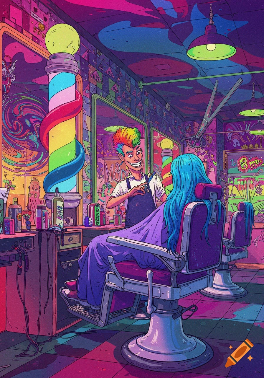 A vibrant, psychedelic illustration of a barber with rainbow hair cutting a client's blue hair in a colorful barbershop.