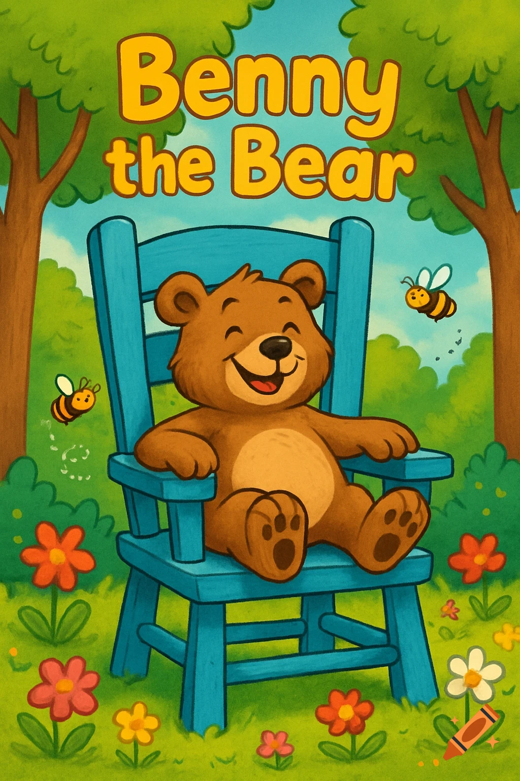 Cartoon illustration of a smiling brown bear sitting in a blue chair in a bright forest with buzzing bees and flowers, under the title 'Benny the Bear'.