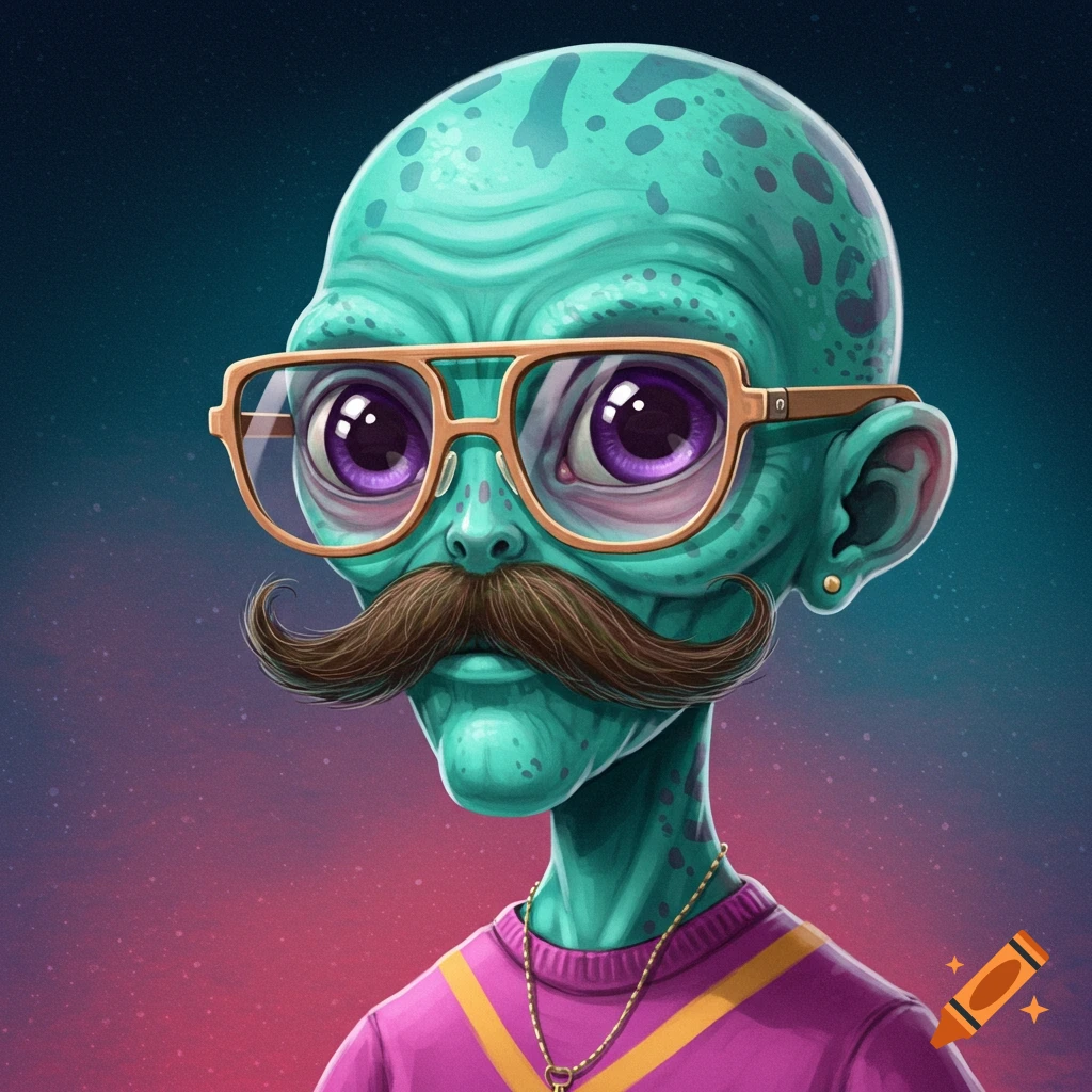 A teal-skinned alien character with large purple eyes, wearing orange glasses and a brown mustache, in a pink sweater.
