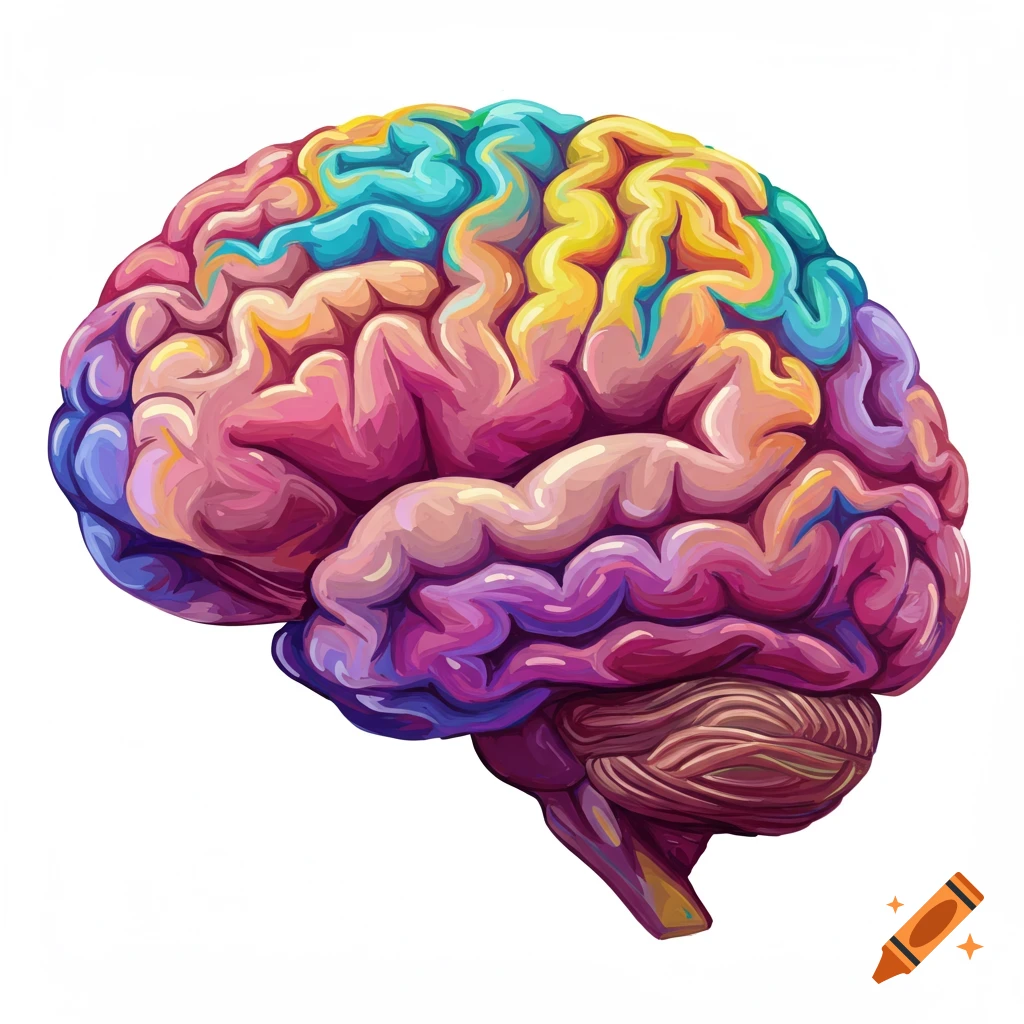 A vibrant, multicolored illustration of a human brain with visible folds on a white background.