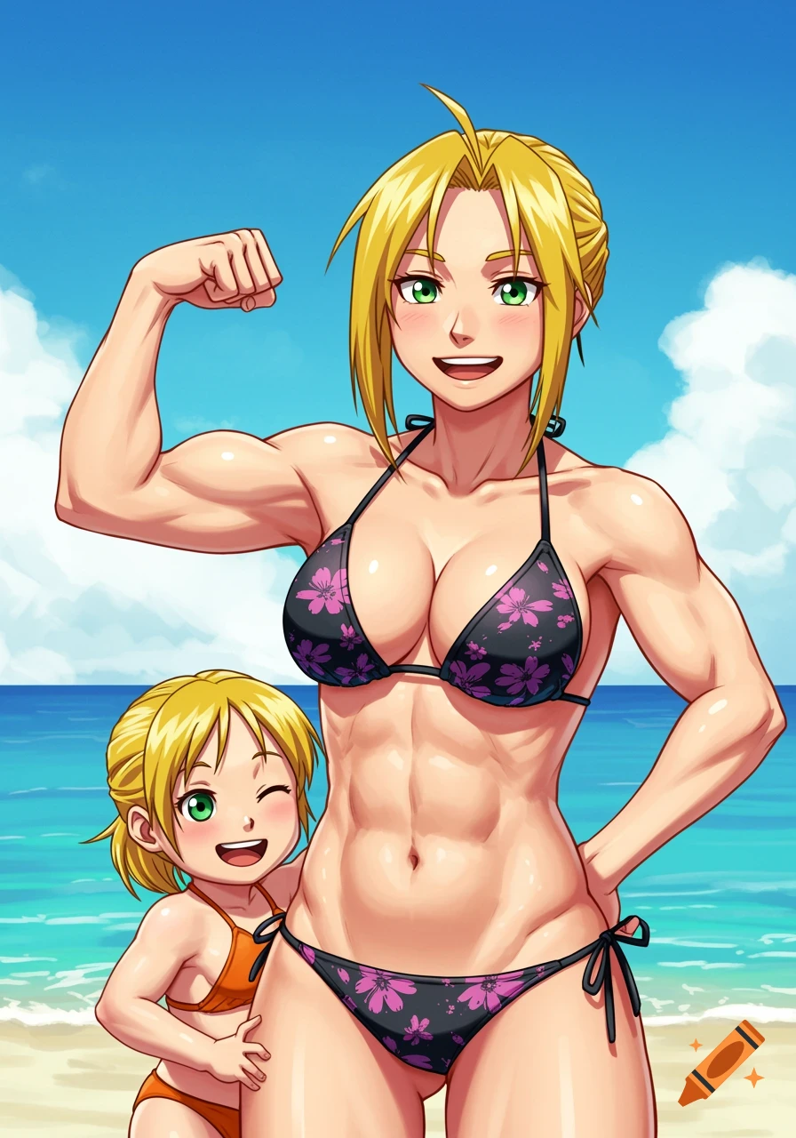 Anime depiction of muscular Winry Rockbell in a bikini flexing her arm at the beach, with her daughter beside her.