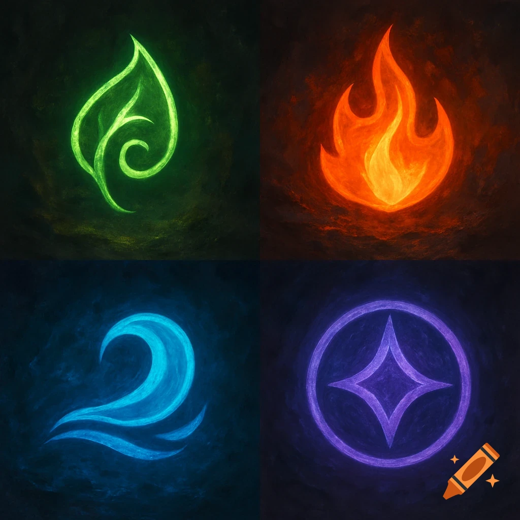 Four vibrant, glowing elemental magic symbols: a green leaf for earth, an orange flame for fire, a blue wave for water, and a purple star for spirit, on a dark, textured background.