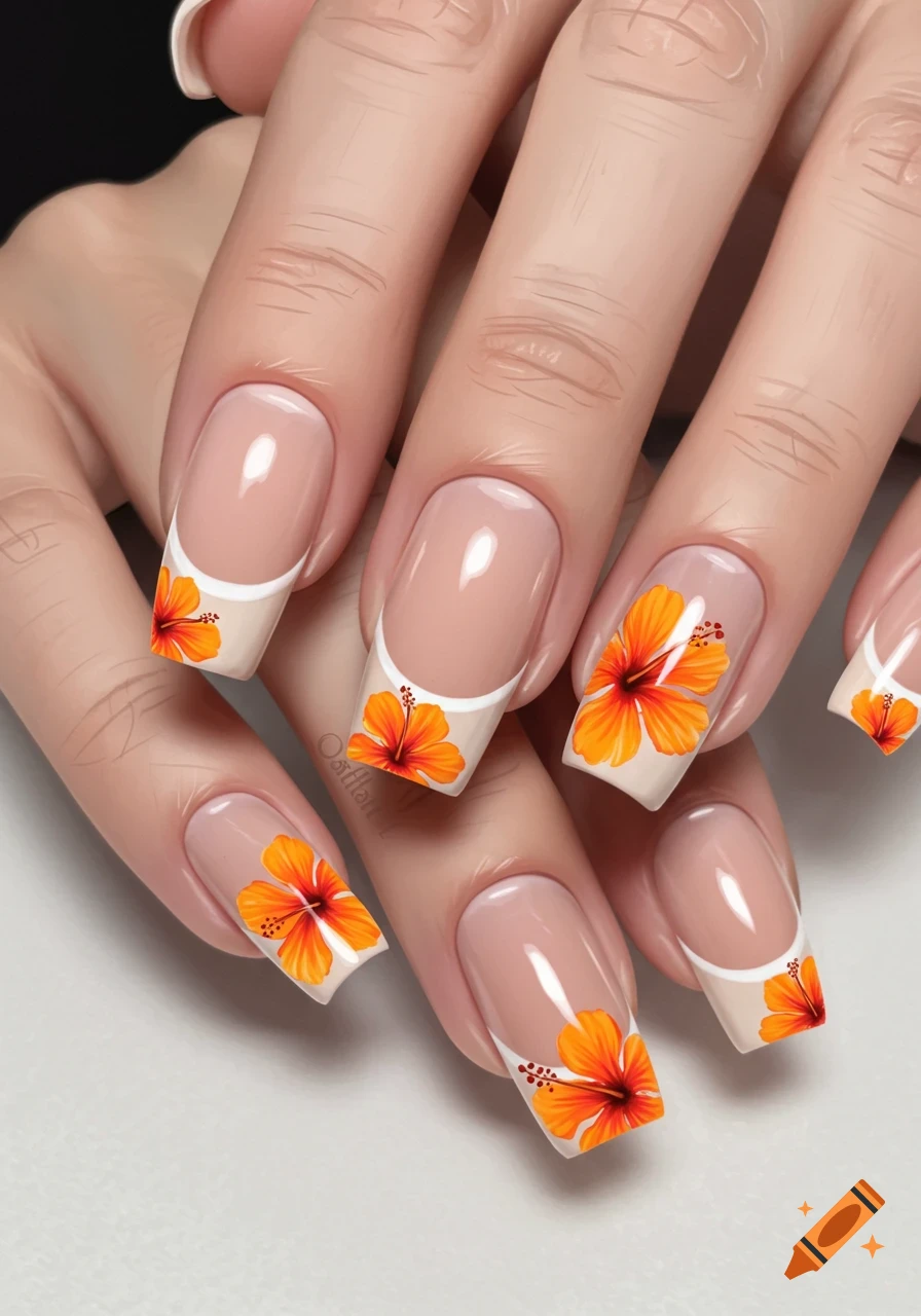 Close-up of a hand with French tip nails featuring orange hibiscus flower designs.