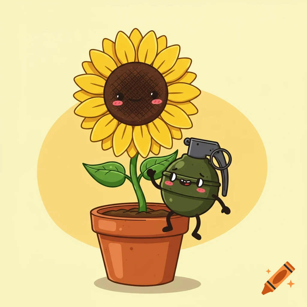 A cartoon sunflower in a pot with a cute, anthropomorphic grenade character.