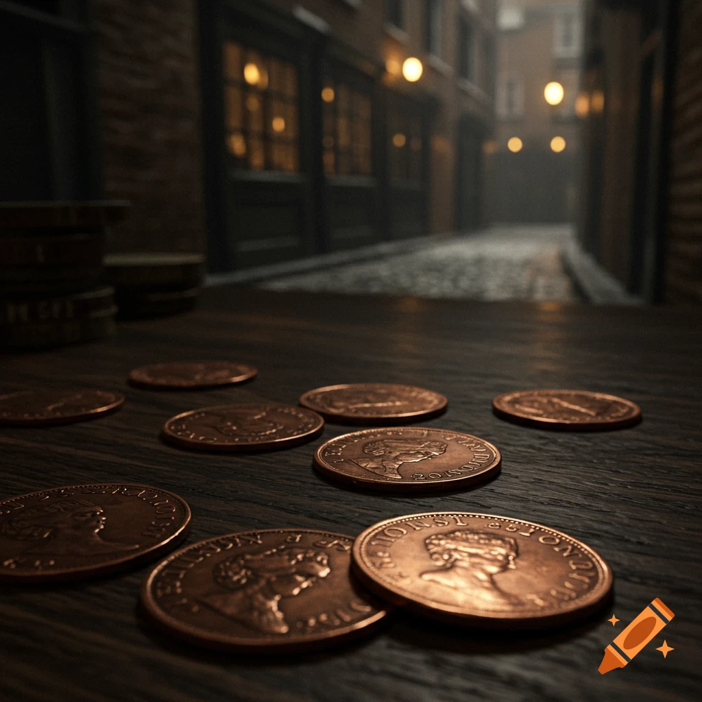 Photorealistic image of British copper coins scattered on a wooden table, with a blurry, dimly lit cobblestone street and buildings in the background.