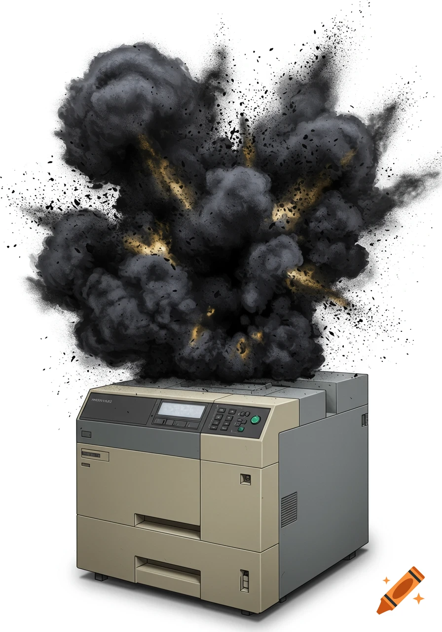 An illustration of a beige and grey copy machine with a large black toner explosion erupting from its top.