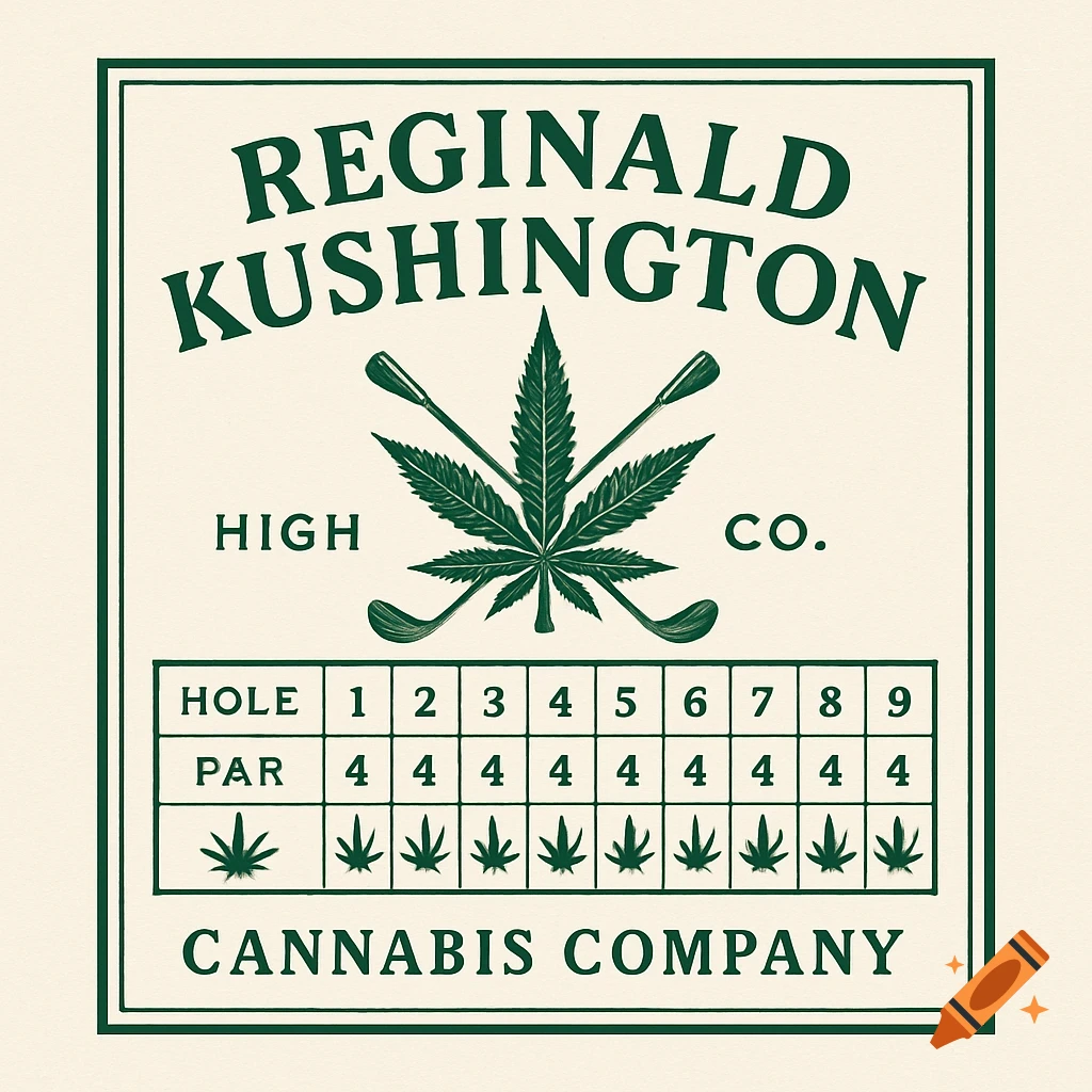 A vintage-style logo for 'Reginald Kushington High Co. Cannabis Company' featuring a cannabis leaf with crossed golf clubs, above a golf score card with cannabis leaf icons.