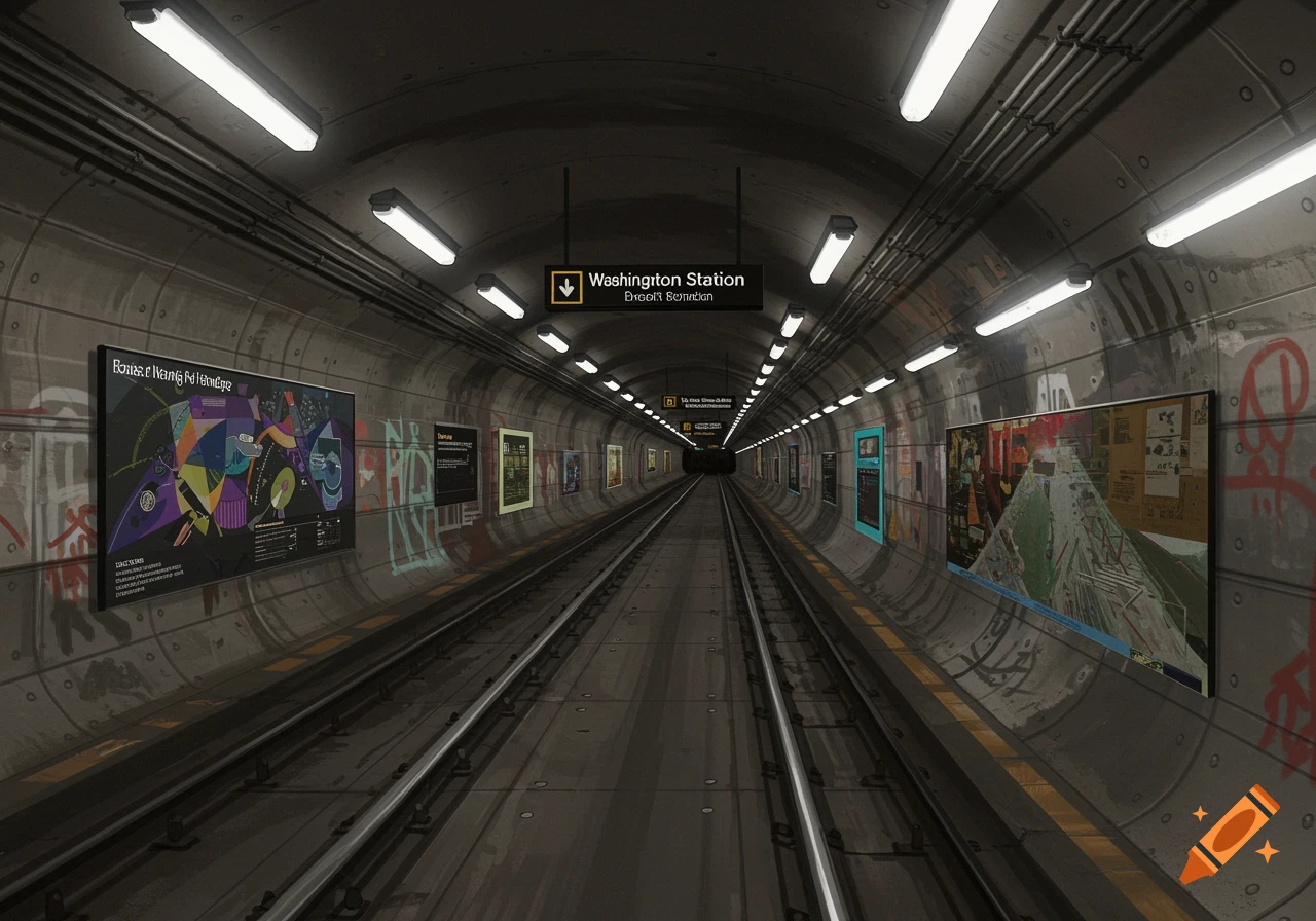 A long, dark subway tunnel with tracks in the center, lit by rows of overhead fluorescent lights. Posters with abstract art and graffiti cover the concrete walls.